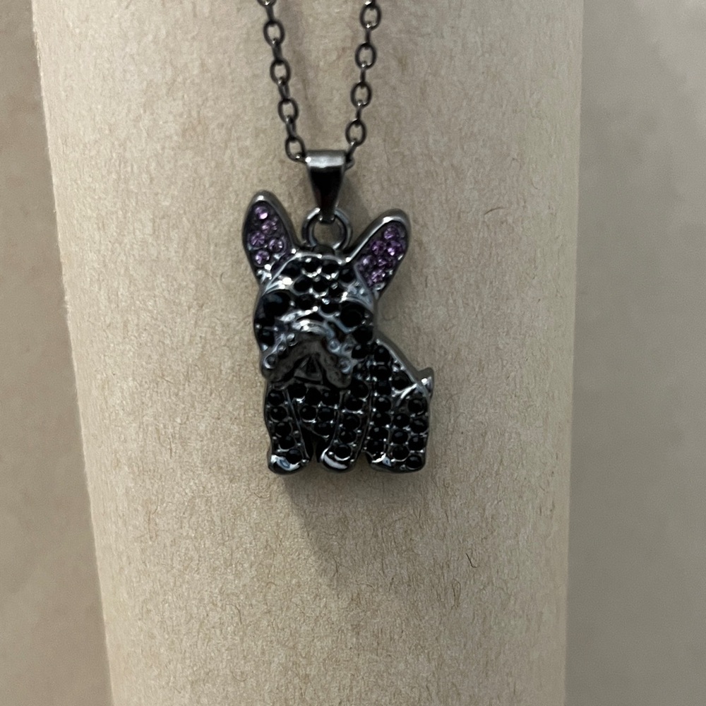 Bulldog Black and Purple Pendant Necklace Pet Lover Jewelry with display case